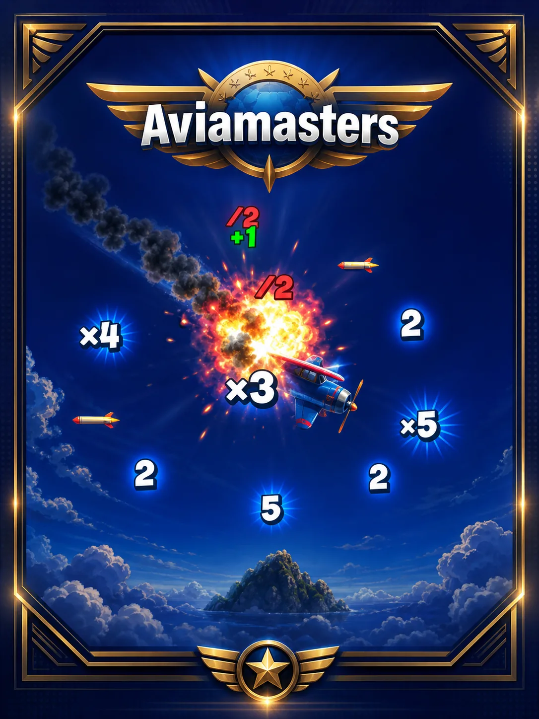 Aviamasters game - plane climbing over open water with a rising multiplier